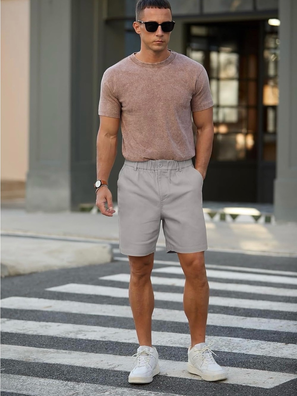 Light Gray Flat Front Men's Shorts with Elastic Waist